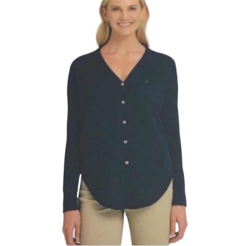 Tommy Hilfiger Waffle Knit Tie Front Top Button Up Small Navy Blue